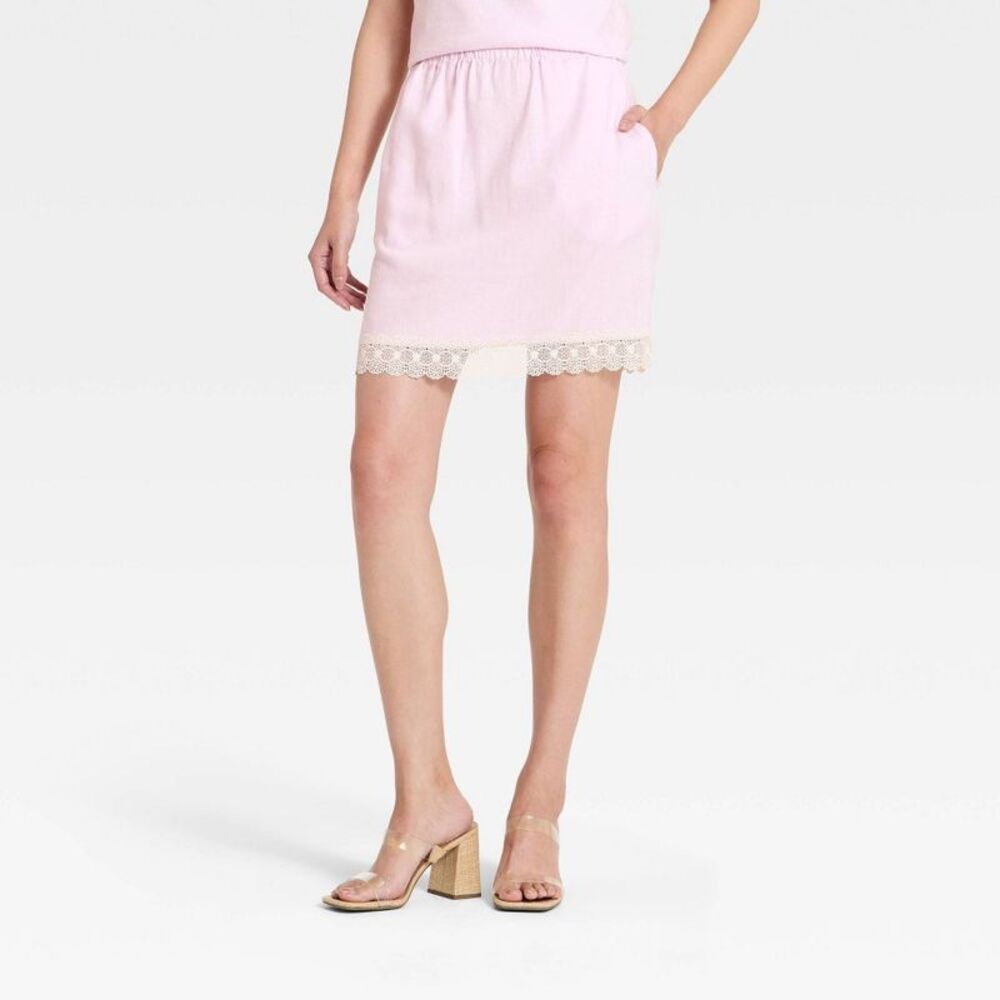 Women's Lace Trim Mini Skirt - A New Day Pink M